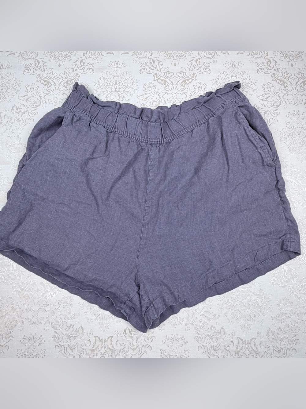 Isaac Mizrahi Slate Blue Gray High-Waist Elastic Linen Shorts, Large